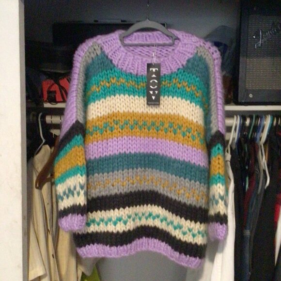 NWT TOV HOLY Striped Purple / Multicolor Oversized Chunky Crotchet Sweater Sz M - Picture 1 of 8